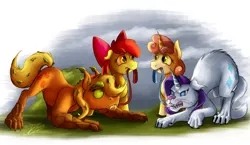 Size: 2000x1160 | Tagged: safe, artist:jamescorck, derpibooru import, apple bloom, applejack, rarity, sweetie belle, cat, earth pony, hengstwolf, original species, timber pony, timber wolf, unicorn, werewolf, comic:that time of the month, apple bloom's bow, bow, curious, cursed, female, hair bow, hissing, leash, raricat, species swap, timber wolfified, timberjack, transformation, werecat