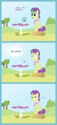 Size: 1800x3950 | Tagged: safe, artist:devfield, derpibooru import, oc, oc:sky spark, pony, unicorn, ..., apple, bush, clothes, clover cafe, comic, dropping, female, food, glass, grape juice, grass, grass field, hay, hay bale, inside joke, juice, levitation, magic, magic aura, mare, offscreen character, outdoors, scarf, shadow, show accurate, sky, smiling, speech bubble, spill, spilled drink, surprised, table, telekinesis, text, thirsty, tree, unamused