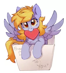 Size: 1841x2048 | Tagged: safe, artist:share dast, derpibooru import, derpy hooves, pegasus, pony, box, cute, derpabetes, female, looking at you, mare, mouth hold, pony in a box, smiling, solo, spread wings, wings