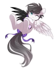 Size: 923x1200 | Tagged: safe, artist:loyaldis, derpibooru import, oc, oc:snow bright, unofficial characters only, pegasus, pony, amputee, artificial wings, augmented, blue eyes, bow, cute, cutie mark, female, flying, grey hair, mare, mechanical wing, one eye closed, owner:xheotris, pegasus oc, prosthetic limb, prosthetic wing, prosthetics, short hair, simple background, tail bow, transparent background, white outline, wings, wink