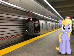 Size: 3264x2448 | Tagged: safe, artist:bluemeganium, derpibooru import, edit, editor:topsangtheman, cloud kicker, pegasus, pony, food, irl, looking at you, new york city, new york city subway, photo, ponies in real life, subway, train