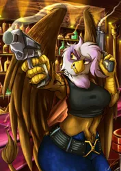 Size: 2480x3508 | Tagged: safe, artist:jamescorck, derpibooru import, gilda, anthro, gryphon, alcohol, armpits, barstool, beretta, beretta 92fs, black lagoon, bottle, breasts, busty gilda, clothes, crossover, dual wield, female, grin, gun, handgun, image, jeans, marÿke hendrikse, midriff, pants, pistol, png, revy, skirt, smiling, solo, tanktop, tattoo, tavern, top, voice actor joke, weapon