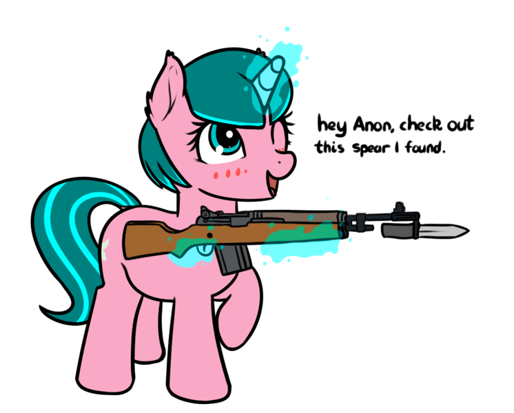 Size: 1147x923 | Tagged: safe, artist:neuro, derpibooru import, oc, oc:lily glamerspear, unofficial characters only, pony, unicorn, bayonet, blushing, everyday life with guardsmares, female, guardsmare, gun, horn, m14, magic, mare, one eye closed, rifle, royal guard, simple background, solo, telekinesis, transparent background, unicorn oc, weapon, wink