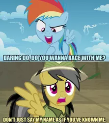 Size: 1280x1440 | Tagged: safe, artist:jaredking203, derpibooru import, edit, edited screencap, screencap, daring do, rainbow dash, earth pony, pegasus, daring doubt, the cutie re-mark, caption, confused, female, filly, hoof on chest, image macro, mare, meme, spread wings, text, wings