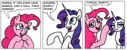 Size: 1460x583 | Tagged: safe, artist:gingerfoxy, derpibooru import, pinkie pie, rarity, earth pony, pony, unicorn, pony comic generator, comic, text