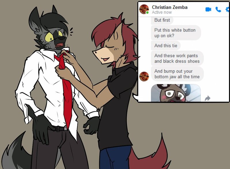 Size: 1045x768 | Tagged: safe, artist:arrwulf, derpibooru import, oc, anthro, earth pony, hyena, aggretsuko, clothes, crossover, dressing, eyes closed, haida, male, necktie, sanrio, suit, wide eyes