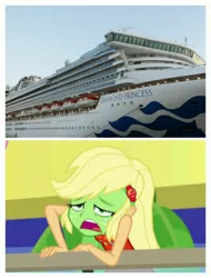Size: 3106x4096 | Tagged: safe, derpibooru import, edit, edited screencap, screencap, applejack, equestria girls, spring breakdown, boat, coronavirus, covid-19, cruise, cruise ship, diamond princess, female, freckles, green face, japan, nausea, nauseous, photo, seasickness, solo, this will not end well, we are going to hell