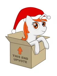 Size: 1500x2000 | Tagged: safe, artist:herpderpyhooves, derpibooru import, oc, oc:karma, ponified, unofficial characters only, pony, unicorn, box, christmas, female, hat, holiday, mare, pony in a box, present, reddit, santa hat, sitting, smiling, solo, upvote