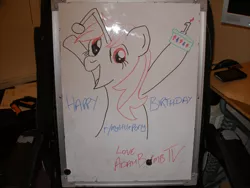 Size: 2828x2121 | Tagged: safe, artist:evamonkey, derpibooru import, oc, oc:karma, ponified, unofficial characters only, pony, unicorn, anniversary, arms in the air, cake, cutie mark, female, food, happy birthday, irl, lineart, mare, marker drawing, photo, reddit, solo, traditional art, whiteboard