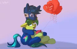 Size: 4096x2622 | Tagged: safe, artist:avery-valentine, derpibooru import, oc, oc:aura skye, oc:evergreen feathersong, unofficial characters only, earth pony, pegasus, pony, unicorn, balloon, commission, eye clipping through hair, heart balloon, oc x oc, open mouth, shipping, smiling, ych result