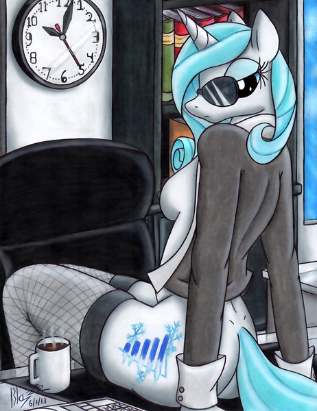 Size: 923x1200 | Tagged: questionable, artist:blazelupine, derpibooru import, oc, oc:frost, unofficial characters only, anthro, unicorn, ass, bedroom eyes, book, bookshelf, bottomless, breasts, butt, clock, clothes, coat, coffee, cutie mark, desk, female, horn, lingerie, looking at you, looking back, looking back at you, looking over shoulder, mug, nipples, nudity, office, office chair, partial nudity, pinup, pose, see-through, sideboob, socks, solo, solo female, sunglasses, tail, traditional art