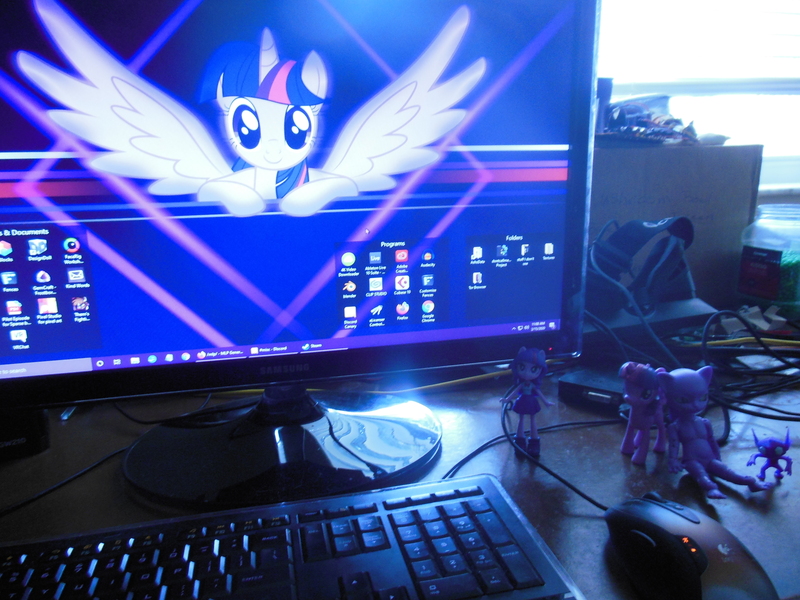 Size: 4608x3456 | Tagged: safe, derpibooru import, twilight sparkle, twilight sparkle (alicorn), alicorn, equestria girls, 4chan, bjd, computer, desktop, hujoo, merchandise, pc, purple, sableeye, toy, waifu wall, wallpaper