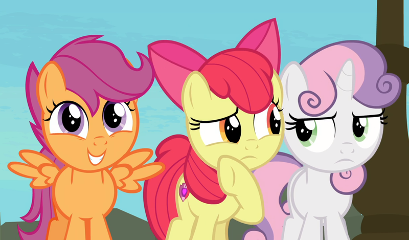 Size: 1599x937 | Tagged: apple bloom, cropped, cutie mark crusaders, derpibooru import, safe, scootaloo, screencap, smiling, surf and/or turf, sweetie belle, trio