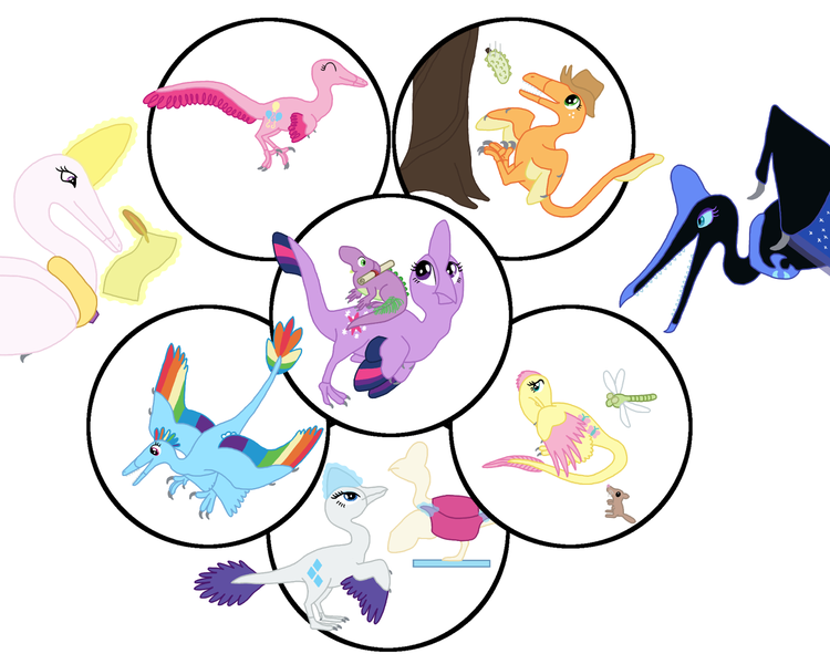 Size: 1500x1200 | Tagged: applejack, artist:albertonykus, derpibooru import, dinosaur, dinosaurified, fluttershy, mane seven, mane six, maniraptor, my little maniraptor, nightmare moon, pinkie pie, princess celestia, rainbow dash, rarity, safe, species swap, spike, twilight sparkle