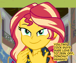 Size: 748x613 | Tagged: suggestive, derpibooru import, edit, edited screencap, screencap, sunset shimmer, equestria girls, equestria girls series, forgotten friendship, rainbow rocks, animated, caption, cropped, cute, geode of empathy, humiliation, looking at you, magical geodes, pinky finger, she knows, shimmerbetes, small penis humiliation, smiling, smirk, talking to viewer