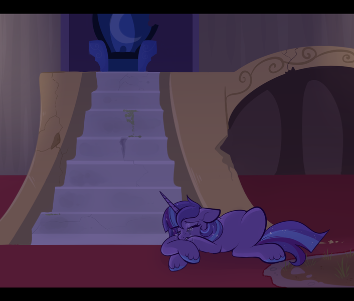 Size: 1000x850 | Tagged: artist:lulubell, castle of the royal pony sisters, crying, derpibooru import, magical lesbian spawn, oc, oc:moonlight eve, offspring, parent:princess luna, parents:twiluna, parent:twilight sparkle, safe, solo, story in the source, throne room, unofficial characters only