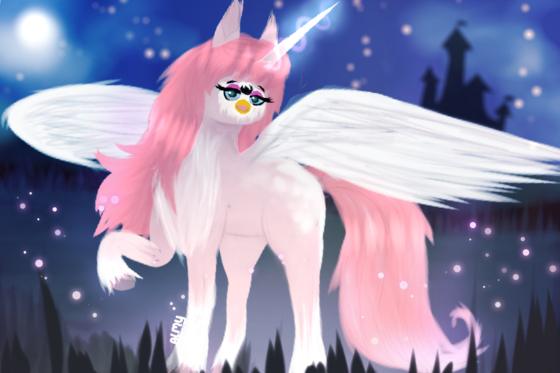 Size: 1200x800 | Tagged: safe, artist:almond evergrow, derpibooru import, alicorn, pony, castle, chest fluff, cursed, cursed image, eyeshadow, female, fluffy, furby, glow, glowing horn, god is dead, hoof fluff, horn, leg fluff, lidded eyes, looking at you, magic, magical, makeup, mare, moon, mythical, night, not salmon, open mouth, parody, raised hoof, silhouette, smiling, solo, spread wings, unshorn fetlocks, wat, what has science done, where is your god now?, wing fluff, wings, wtf