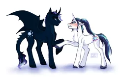 Size: 1410x886 | Tagged: safe, artist:butteredpawpcorn, derpibooru import, oc, oc:nova, oc:princess valiance, unofficial characters only, dracony, dragon, hybrid, pony, unicorn, duo, female, floppy ears, looking at each other, magical lesbian spawn, male, mare, next generation, not gleaming shield, offspring, parent:princess cadance, parent:princess ember, parent:princess luna, parent:shining armor, parents:emberluna, parents:shiningcadance, red face, simple background, stallion, unshorn fetlocks, white background