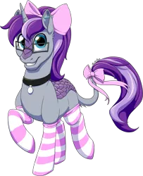 Size: 1187x1459 | Tagged: safe, artist:mythpony, derpibooru import, oc, oc:dolkka, unofficial characters only, hybrid, kirin, unicorn, bow, clothes, collar, commission, femboy, glasses, hair bow, image, latex, latex socks, looking at you, male, png, simple background, smiling, socks, solo, striped socks, tail bow, transparent background