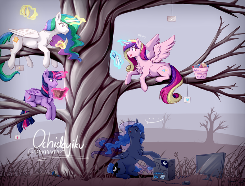 Size: 900x684 | Tagged: safe, artist:ochideyiku, derpibooru import, princess cadance, princess celestia, princess luna, twilight sparkle, twilight sparkle (alicorn), alicorn, pony, gamer luna, alicorn tetrarchy, banana, bananalestia, book, chest fluff, computer, crystal, food, glowing horn, horn, magic, prone, reading, rock, telekinesis, tree, tree branch