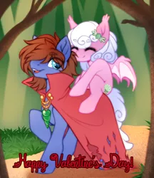 Size: 1200x1390 | Tagged: safe, alternate version, artist:cabbage-arts, derpibooru import, oc, oc:bizarre song, oc:haiky haiku, unofficial characters only, bat pony, pony, broken horn, candy, cape, clothes, cute, cutie mark, female, filly, food, forest, horn, jewelry, male, messy mane, necklace, riding, smiling, text, tree, walking