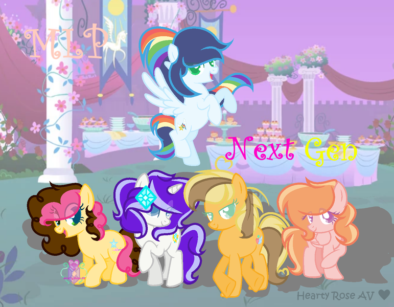 Size: 1480x1152 | Tagged: safe, artist:sparkleheartyrose24, artist:woahsomanymlpbases, derpibooru import, oc, oc:apple aurora, oc:diamond star, oc:lizzie apple, oc:party bow, oc:speed star, earth pony, pegasus, pony, unicorn, base used, collum, cupcake, diamond, female, flower, flying, food, garden, mare, multicolored hair, my little pony, next generation, offspring, parent:applejack, parent:big macintosh, parent:caramel, parent:cheese sandwich, parent:fancypants, parent:fluttershy, parent:pinkie pie, parent:rainbow dash, parent:rarity, parent:soarin', parents:carajack, parents:cheesepie, parents:fluttermac, parents:raripants, parents:soarindash, party, plate, poofy mane, punch, punch (drink), punch bowl, rainbow hair, raised hoof, standing on two hooves, table