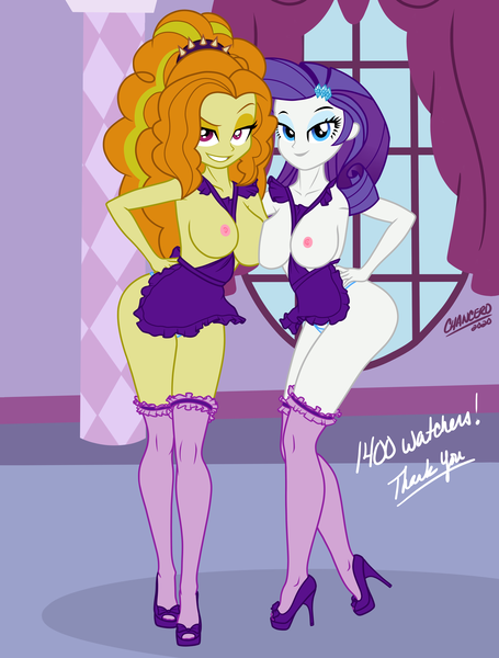 Size: 3186x4200 | Tagged: questionable, artist:chancero, derpibooru import, adagio dazzle, rarity, equestria girls, apron, bedroom eyes, boob squish, breasts, busty adagio dazzle, busty rarity, clothes, duo, female, females only, high heels, looking at you, maid, nipples, nudity, sexy, shoes, socks, stockings, stupid sexy adagio dazzle, stupid sexy rarity, thigh highs