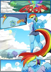 Size: 6071x8598 | Tagged: absurd resolution, anthro, artist:vale-city, ass, blue sky, breasts, busty rainbow dash, butt, clothes, comic, comic:twilight's potion, cutie mark, derpibooru import, droplet, female, giantess, growth, gym shorts, legs, macro, mushroom cloud, pegasus, rainbow dash, rainbutt dash, safe, sexy, shorts, stupid sexy rainbow dash, tomboy