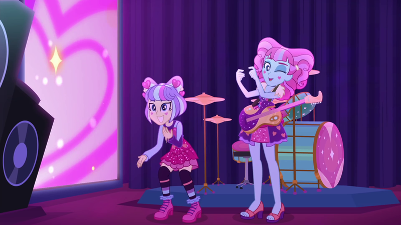 Size: 1920x1080 | Tagged: safe, derpibooru import, screencap, kiwi lollipop, supernova zap, equestria girls, equestria girls series, sunset's backstage pass!, spoiler:eqg series (season 2), cymbals, drum kit, drums, duo, duo female, electric guitar, female, guitar, hi-hat, k-lo, musical instrument, postcrush, su-z