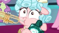 Size: 1068x600 | Tagged: safe, derpibooru import, edit, edited screencap, screencap, cozy glow, pinkie pie, spike, alicorn, dragon, pony, the ending of the end, alicornified, bell, cozycorn, doot, grogar's bell, musical instrument, race swap, trumpet