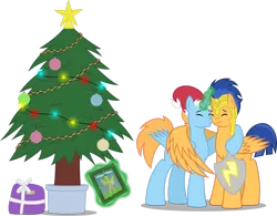 Size: 2769x2165 | Tagged: safe, artist:chrzanek97, derpibooru import, flash sentry, oc, oc:harmony star, alicorn, alicorn oc, christmas, christmas tree, duo, hat, holiday, horn, hug, present, santa hat, shield, simple background, transparent background, tree, winghug, wings