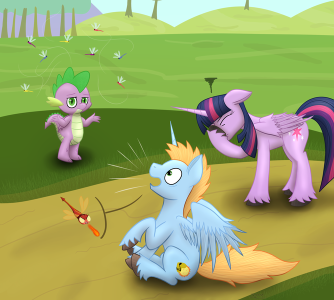 Size: 2584x2320 | Tagged: safe, artist:serenepony, deleted from derpibooru, derpibooru import, spike, twilight sparkle, twilight sparkle (alicorn), oc, oc:harmony star, alicorn, dragon, dragonfly, insect, alicorn oc, canon x oc, facehoof, female, fire, fire breath, horn, male, shipping, straight, twimony, winged spike, wings