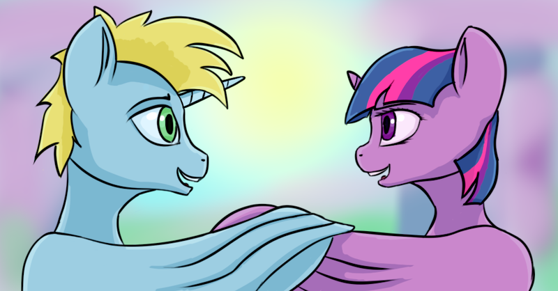 Size: 941x492 | Tagged: safe, artist:sv37, derpibooru import, twilight sparkle, twilight sparkle (alicorn), oc, oc:harmony star, alicorn, alicorn oc, canon x oc, female, horn, looking at each other, male, shipping, straight, twimony, wing hands, wings