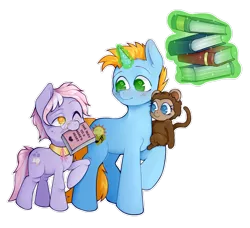Size: 1280x1165 | Tagged: alicorn, alicorn oc, artist:occultusion, book, derpibooru import, dusty pages, horn, levitation, magic, monkey, mouth hold, no pupils, oc, oc:harmony star, oc:lolly, one eye closed, pet oc, safe, simple background, telekinesis, the point of no return, transparent background, wingless, wings, wink