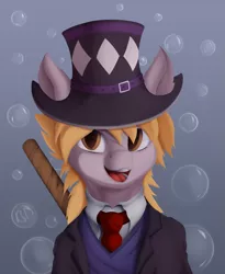 Size: 1173x1430 | Tagged: safe, artist:batsdisaster, derpibooru import, derpy hooves, ponified, earth pony, pony, bubble, clothes, crossover, hat, jojo's bizarre adventure, necktie, robert eo speedwagon, scar, smiling, solo, speedwagon, suit, top hat