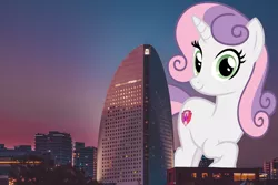 Size: 4189x2793 | Tagged: safe, artist:andoanimalia, artist:jerryakiraclassics19, derpibooru import, sweetie belle, pony, unicorn, building, city, female, giant pony, giantess, highrise ponies, irl, looking at you, macro, mare, mega sweetie belle, older, older sweetie belle, photo, ponies in real life, scenery, skyline, smiling, sunset, tree
