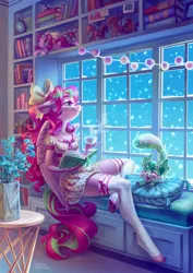Size: 3721x5262 | Tagged: absurd resolution, anthro, anthro oc, artist:holivi, atom, beautiful, book, bookshelf, bow, candle, clothes, commission, cute, derpibooru import, dress, female, floppy ears, flower, globe, hair bow, legs, mare, model, oc, ocbetes, oc:gadget, oc:precious metal, pegasus, plushie, polka dots, potted plant, rubik's cube, safe, shelf, snow, snowfall, socks, stockings, thigh highs, toeless stockings, unguligrade anthro, unofficial characters only, vase, window, window seat, zettai ryouiki