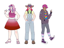 Size: 2732x2048 | Tagged: apple bloom, artist:blacksky1113, artist:bublebee123, badge, bandana, belt, bisexual pride flag, boots, bracelet, clothes, collaboration, colored, color edit, converse, cowboy boots, cowboy hat, cutie mark crusaders, dark skin, derpibooru import, dress, ear piercing, earring, edit, eyebrow piercing, eyes closed, eyeshadow, feet, female, fingerless gloves, flower, gay pride flag, gloves, grin, hairband, hat, headcanon, heart, high heels, hoodie, human, humanized, jeans, jewelry, lesbian pride flag, lgbt headcanon, lipstick, makeup, male, nail polish, necklace, nose piercing, older, older apple bloom, older cmc, older scootaloo, older sweetie belle, open mouth, overalls, pants, piercing, pride, pride flag, rainbow socks, ring, rule 63, safe, scarf, scootaloo, scooteroll, sexuality headcanon, shirt, shoes, simple background, smiling, socks, striped socks, suspenders, sweetie belle, trans boy, transgender, transgender pride flag, transparent background, t-shirt, wall of tags