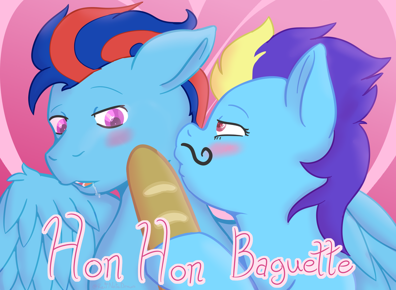 Size: 3000x2200 | Tagged: alternate version, artist:red note, baguette, blushing, bread, derpibooru import, drool, food, kissing, oc, oc:andrew swiftwing, oc:blue angel, safe, unofficial characters only