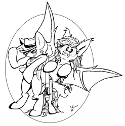 Size: 2312x2336 | Tagged: safe, artist:lucas_gaxiola, derpibooru import, oc, oc:charmed clover, unofficial characters only, bat pony, pony, bat pony oc, bat wings, bipedal, duo, female, grin, gun, hat, lineart, male, mare, monochrome, not fluttershy, signature, simple background, smiling, spread wings, stallion, sunglasses, weapon, white background, wings