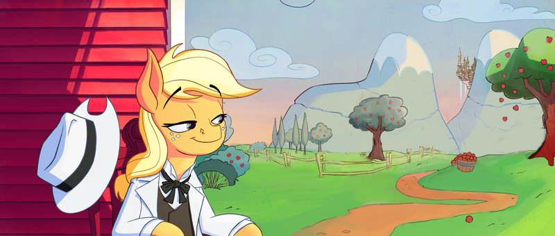 Size: 2544x1080 | Tagged: safe, artist:anontheanon, derpibooru import, edit, applejack, earth pony, pony, apple, apple tree, applejack's plantation, bowtie, canterlot, clothes, female, food, hat, mare, racism, sitting, suit, sweet apple acres, tree