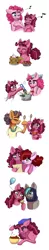 Size: 700x3567 | Tagged: safe, artist:celestial-rainstorm, derpibooru import, pinkie pie, saffron masala, oc, oc:birthday bash, oc:cherry chimichanga, oc:diamond, pony, blueberry, food, muffin, offspring, older, pancakes, parent:cheese sandwich, parent:party favor, parent:pinkie pie, parent:roseluck, parents:cheesepie, pasta, pie, pot, spaghetti, spoon, strawberry, whipped cream