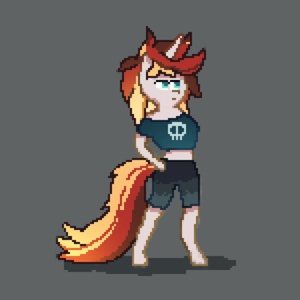 Size: 1920x1920 | Tagged: safe, artist:kitty_love, derpibooru import, oc, oc:scarlet serenade, unofficial characters only, semi-anthro, unicorn, bipedal, clothes, commission, female, hooves, mare, midriff, pixel art, punk, shirt, short shirt, shorts, skull, solo, sprite, standing, stomach, ych result