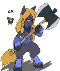 Size: 1716x2048 | Tagged: armor, artist:omegapony16, axe, battle axe, bipedal, braid, derpibooru import, eyepatch, female, frown, hoof hold, mare, oc, oc:oriponi, safe, scar, simple background, solo, text, translation request, unofficial characters only, unshorn fetlocks, weapon, white background