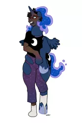 Size: 540x810 | Tagged: safe, artist:blackshirtboy, derpibooru import, princess luna, human, pony, clothes, glasses, hoof shoes, human to pony, pants, ripping clothes, shirt, simple background, socks, solo, transformation, white background