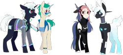 Size: 2960x1334 | Tagged: safe, artist:sychia, derpibooru import, oc, oc:al.ii, oc:cyber heart (ice1517), oc:cyber-wave, oc:hack tool, unofficial characters only, cyborg, cyborg pony, earth pony, pony, robot, robot pony, unicorn, amputee, armor, binary, boots, chinese text, clothes, colored sclera, commission, confused, ear piercing, earpiece, earring, eyepatch, female, headphones, heart, jacket, jewelry, leather jacket, male, mare, open mouth, piercing, prosthetic horn, prosthetic limb, prosthetics, question mark, raised hoof, shocked, shoes, simple background, stallion, sunglasses, tanktop, transparent background, vest, watch, wristwatch