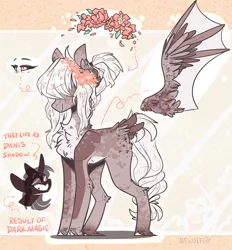 Size: 1172x1262 | Tagged: safe, artist:mcwolfity, deleted from derpibooru, derpibooru import, oc, unofficial characters only, bat pony, pony, bat pony oc, bat wings, eye, eyes, female, floral head wreath, flower, grin, hair over eyes, hoof fluff, mare, reference sheet, smiling, wings