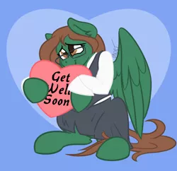 Size: 1132x1098 | Tagged: safe, artist:cadetredshirt, derpibooru import, oc, unofficial characters only, pegasus, pony, clothes, colored, commission, flat colors, get well soon, glasses, heart, heart pillow, looking offscreen, pillow, shy, simple background, sitting, skirt, solo, vest, wings, ych result