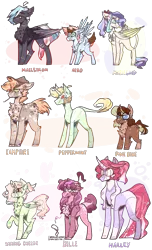 Size: 1585x2600 | Tagged: safe, artist:mcwolfity, deleted from derpibooru, derpibooru import, oc, oc:aero, oc:belle, oc:campfire, oc:halley, oc:maelstrom, oc:marigold, oc:peppermint, oc:pinecone, oc:string cheese, alicorn, hybrid, pegasus, pony, unicorn, alicorn oc, chest fluff, curved horn, ethereal mane, eye clipping through hair, female, hat, horn, interspecies offspring, leonine tail, looking back, magical lesbian spawn, male, mare, offspring, parent:applejack, parent:caramel, parent:dumbbell, parent:flam, parent:fluttershy, parent:pinkie pie, parent:prince rutherford, parent:rainbow dash, parent:rarity, parent:tempest shadow, parent:twilight sparkle, parents:carajack, parents:dumbdash, parents:flamjack, parents:flarity, parents:pinkieford, parents:tempestlight, raised hoof, simple background, stallion, starry mane, transparent background, wings