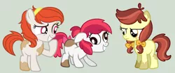 Size: 1624x684 | Tagged: safe, artist:strawberry-spritz, derpibooru import, oc, oc:api apple, oc:audine tone, oc:butterscotch blossom, earth pony, pony, base used, blank flank, bow, derp, female, filly, frown, gray background, grin, hair bow, hairband, interdimensional siblings, laughing, offspring, parent:apple bloom, parent:pipsqueak, parents:pipbloom, piebald coloring, raised hoof, simple background, smiling, unamused